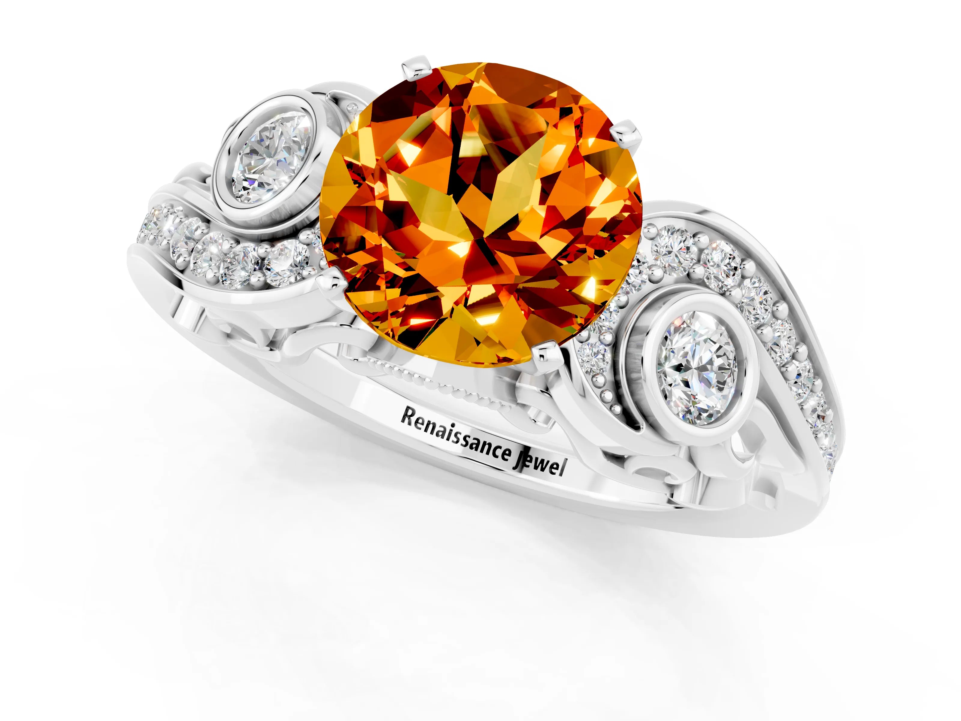 White gold Round Cut Citrine Solitaire Ring with Milgrain Pavé Band and Four-Prong Setting_25