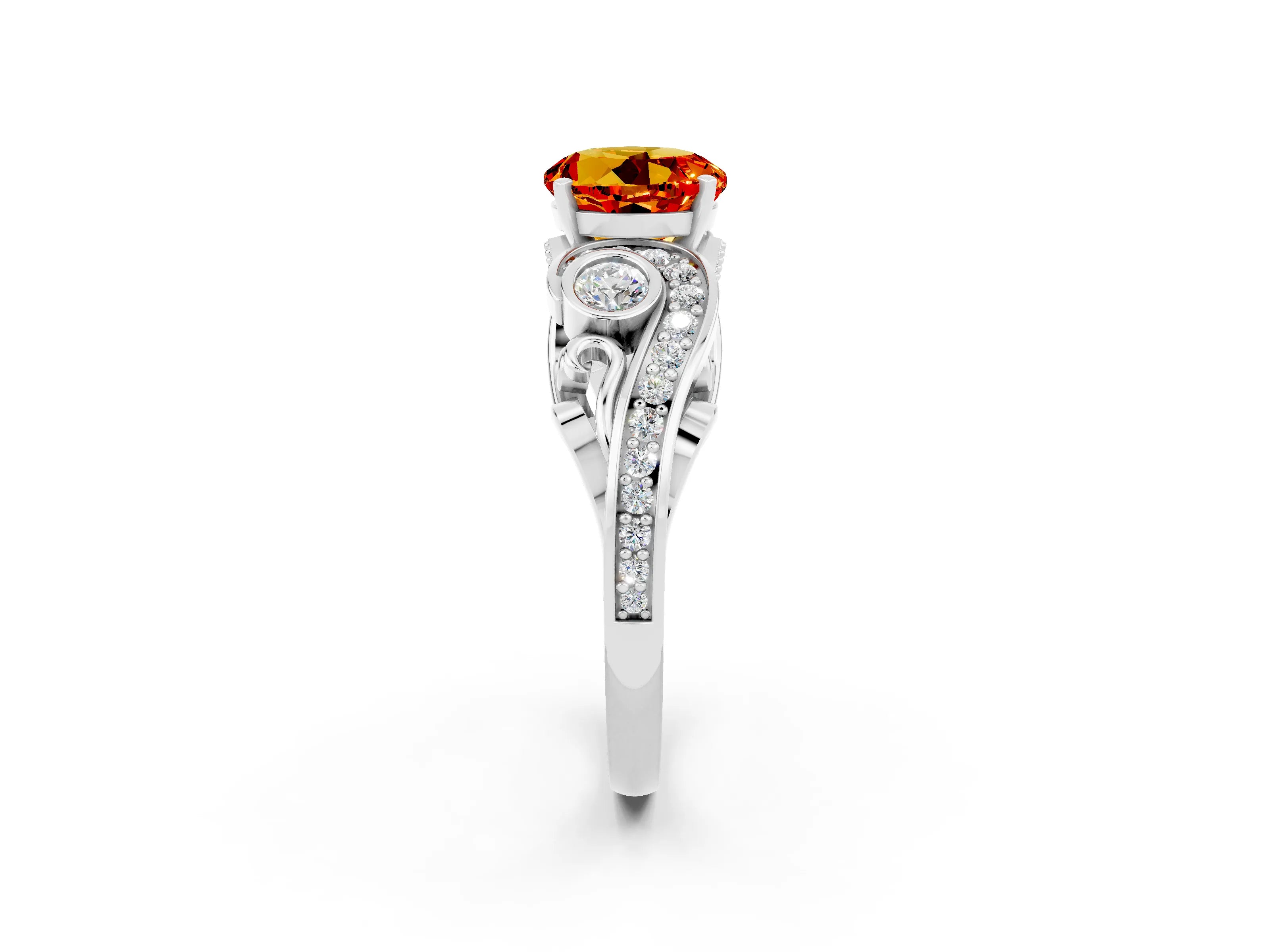 White gold Round Cut Citrine Solitaire Ring with Milgrain Pavé Band and Four-Prong Setting_26