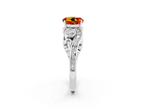 White gold Round Cut Citrine Solitaire Ring with Milgrain Pavé Band and Four-Prong Setting_26