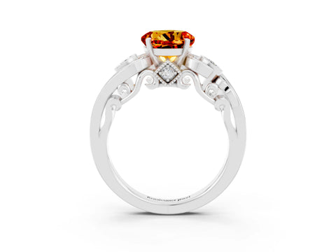 White gold Round Cut Citrine Solitaire Ring with Milgrain Pavé Band and Four-Prong Setting_27
