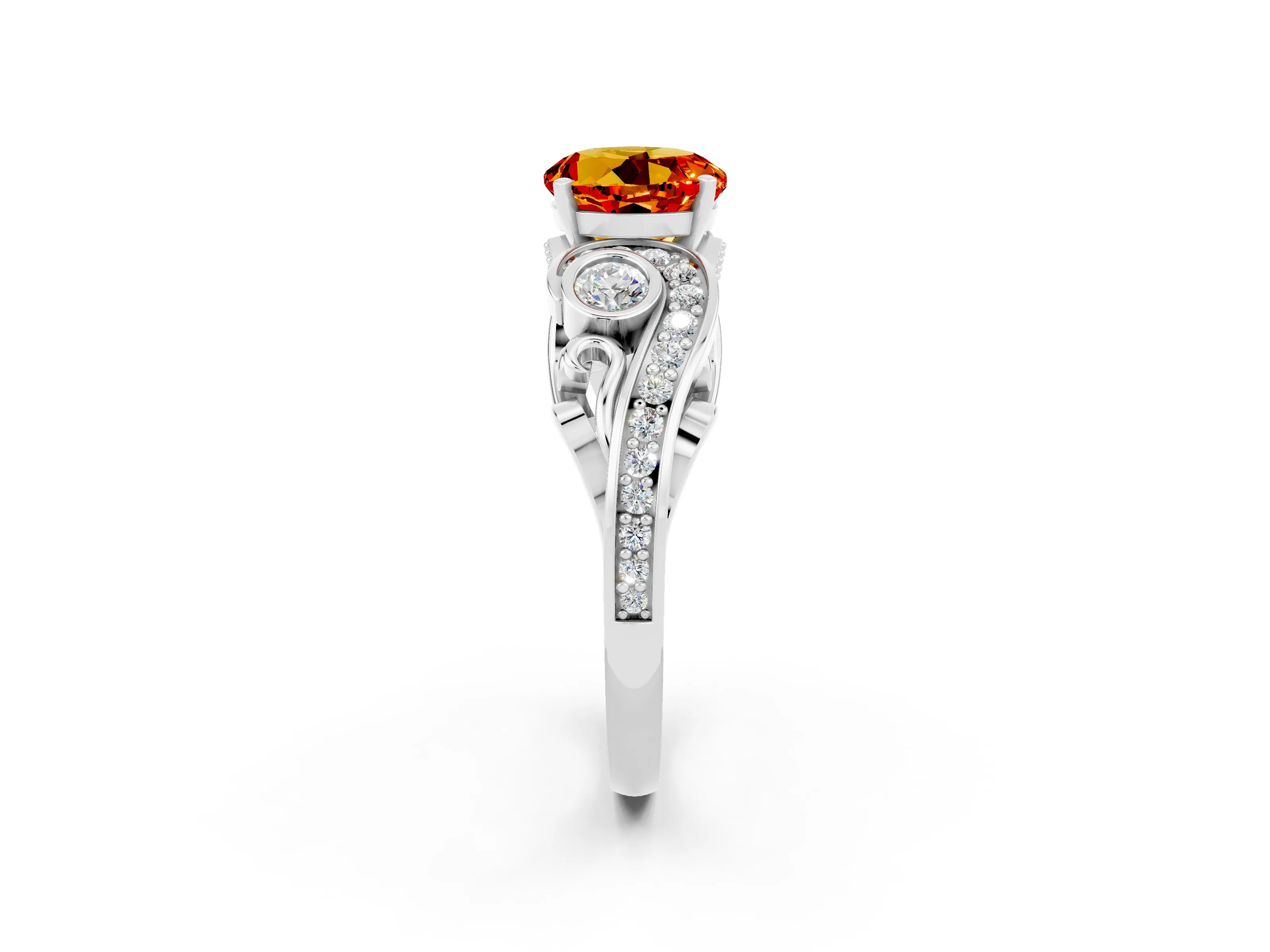 White gold Round Cut Citrine Solitaire Ring with Milgrain Pavé Band and Four-Prong Setting_38