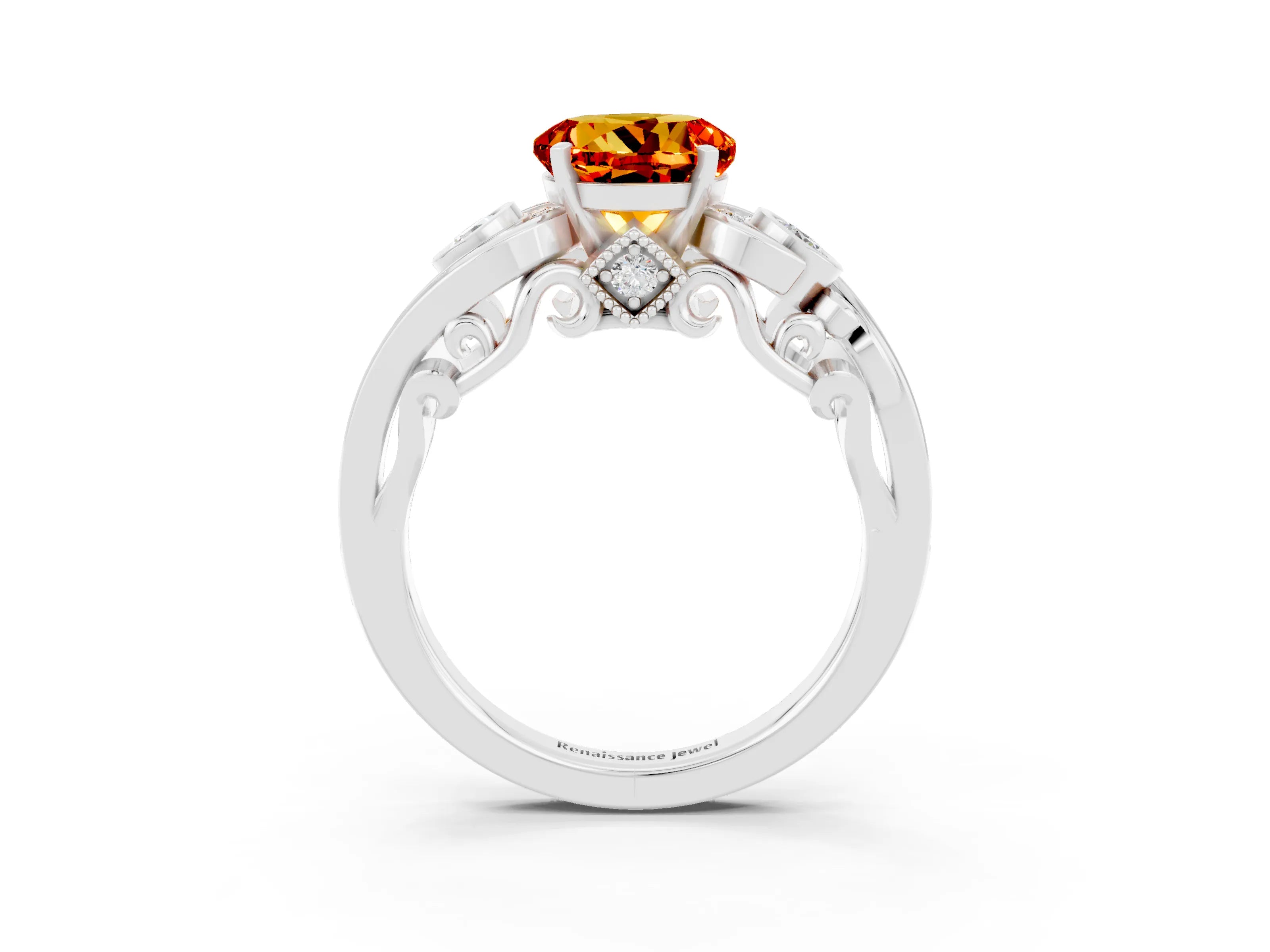 White gold Round Cut Citrine Solitaire Ring with Milgrain Pavé Band and Four-Prong Setting_51
