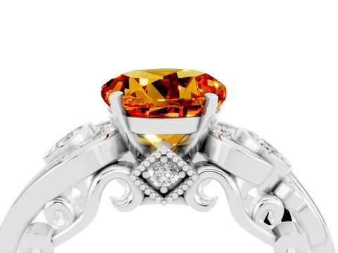 White gold Round Cut Citrine Solitaire Ring with Milgrain Pavé Band and Four-Prong Setting_52