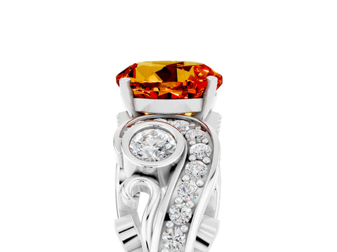 White gold Round Cut Citrine Solitaire Ring with Milgrain Pavé Band and Four-Prong Setting_53