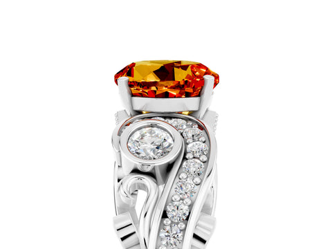 White gold Round Cut Citrine Solitaire Ring with Milgrain Pavé Band and Four-Prong Setting_59