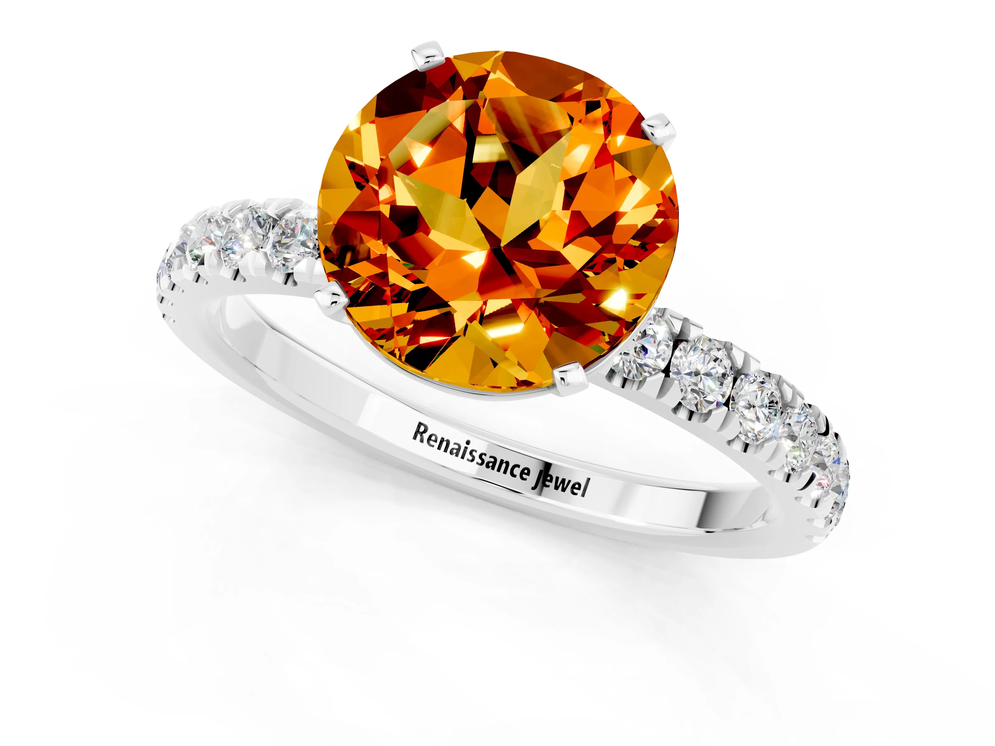 White gold Round Cut Citrine Solitaire Ring with Pavé Accents and Four-Prong Setting_1