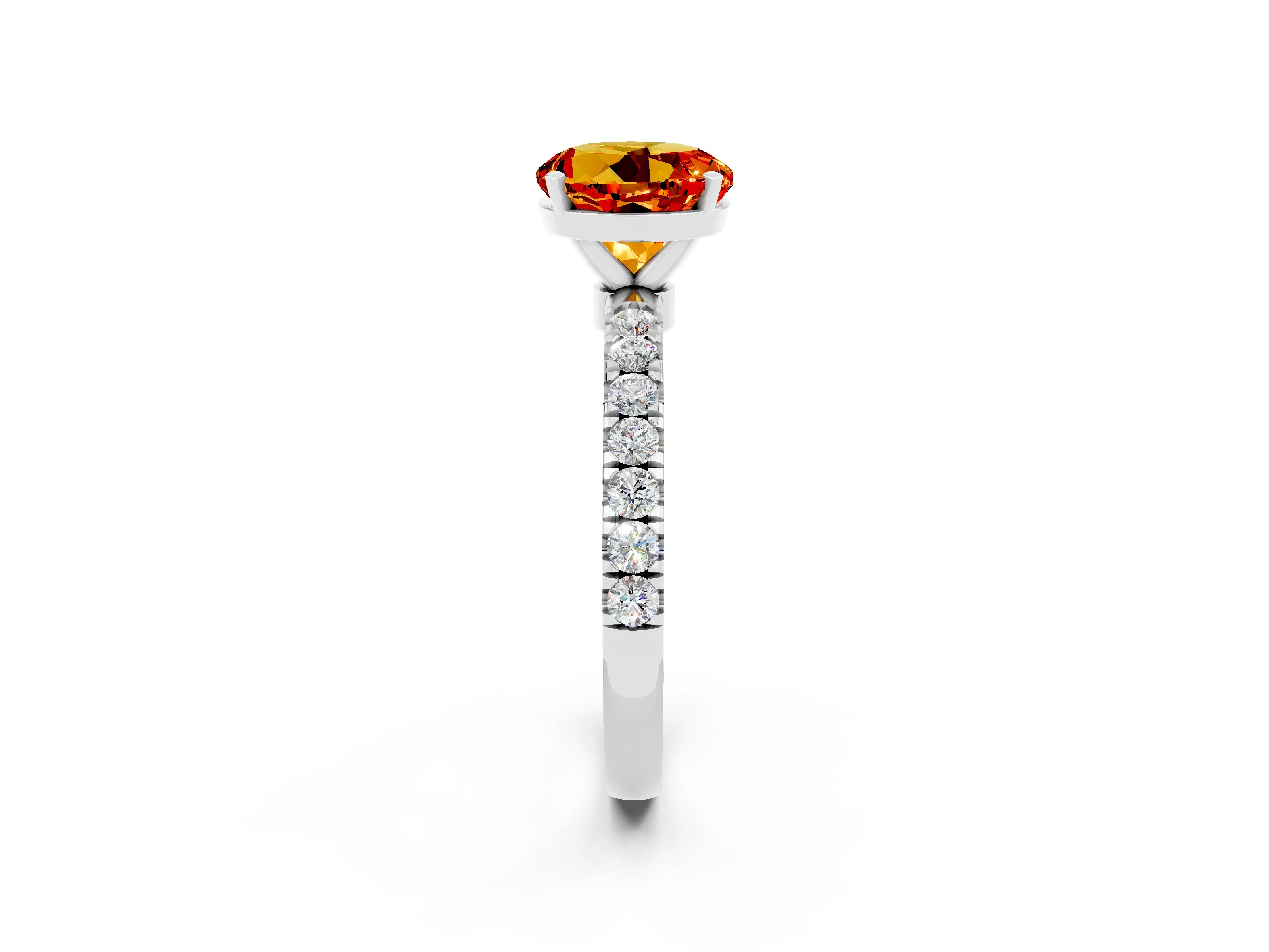White gold Round Cut Citrine Solitaire Ring with Pavé Accents and Four-Prong Setting_2