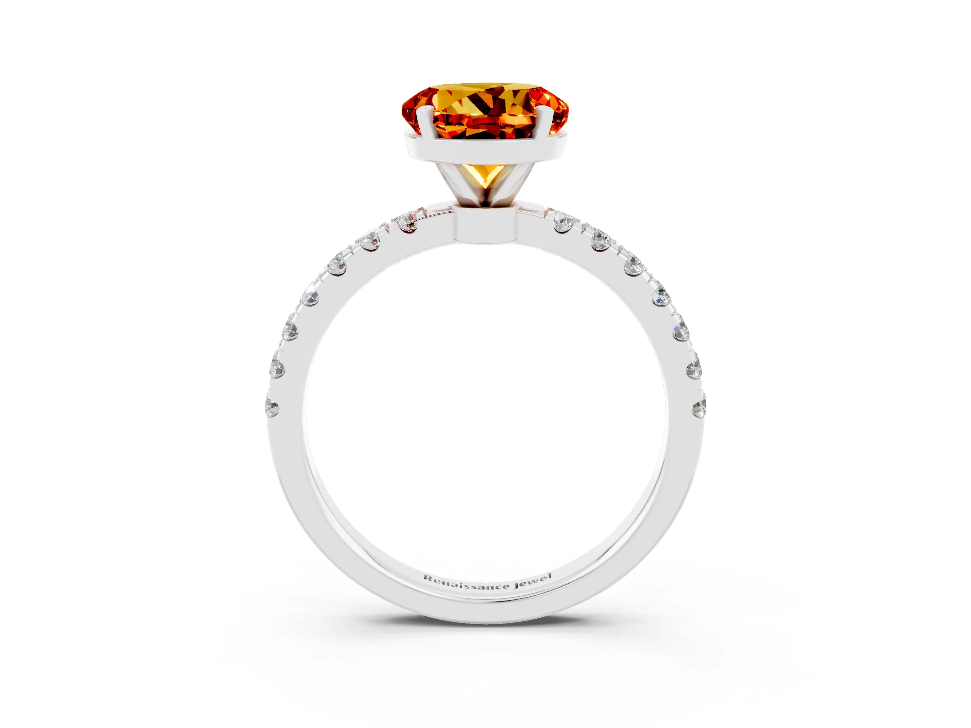 White gold Round Cut Citrine Solitaire Ring with Pavé Accents and Four-Prong Setting_3