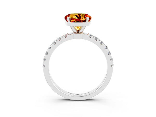 White gold Round Cut Citrine Solitaire Ring with Pavé Accents and Four-Prong Setting