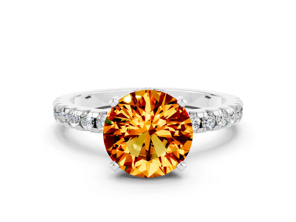 Silver Round Cut Citrine Solitaire Ring with Round  Pavé Band and Four-Prong Setting