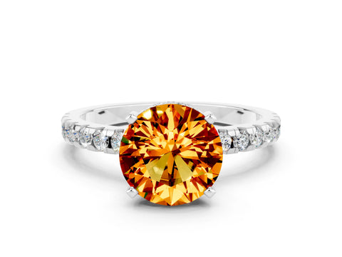 White gold Round Cut Citrine Solitaire Ring with Pavé Band and Four-Prong Setting_24