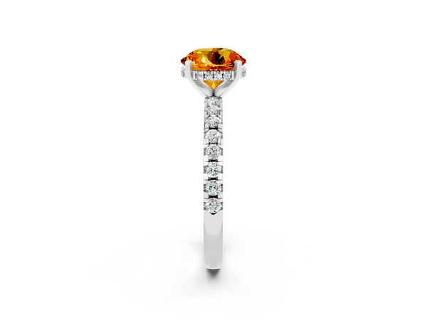 Silver Round Cut Citrine Solitaire Ring with Round  Pavé Band and Four-Prong Setting