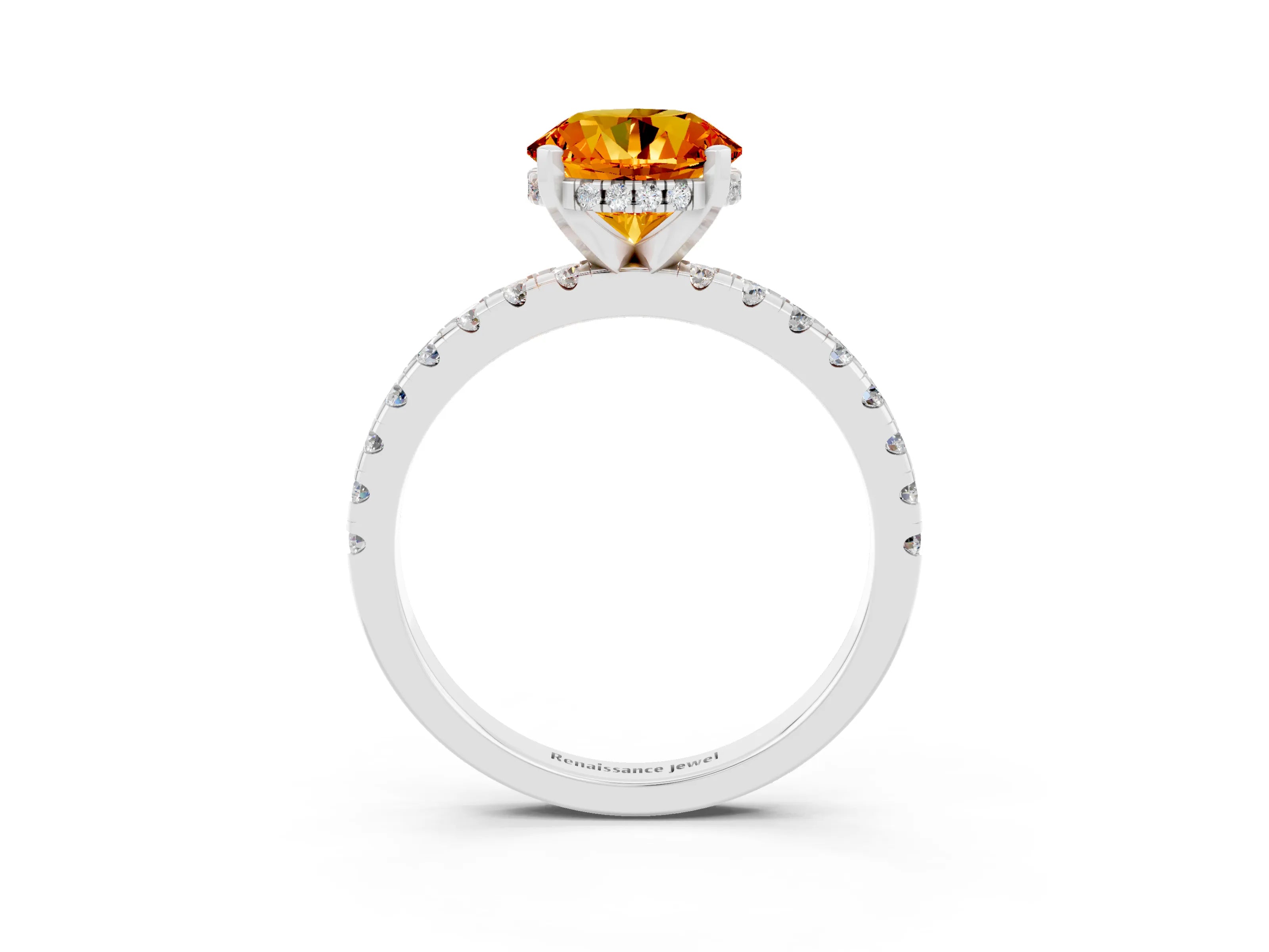 White gold Round Cut Citrine Solitaire Ring with Pavé Band and Four-Prong Setting_27