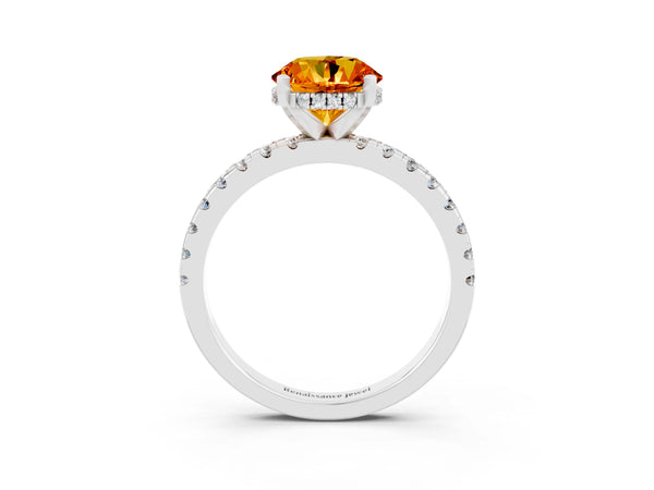 White gold Round Cut Citrine Solitaire Ring with Round  Pavé Band and Four-Prong Setting