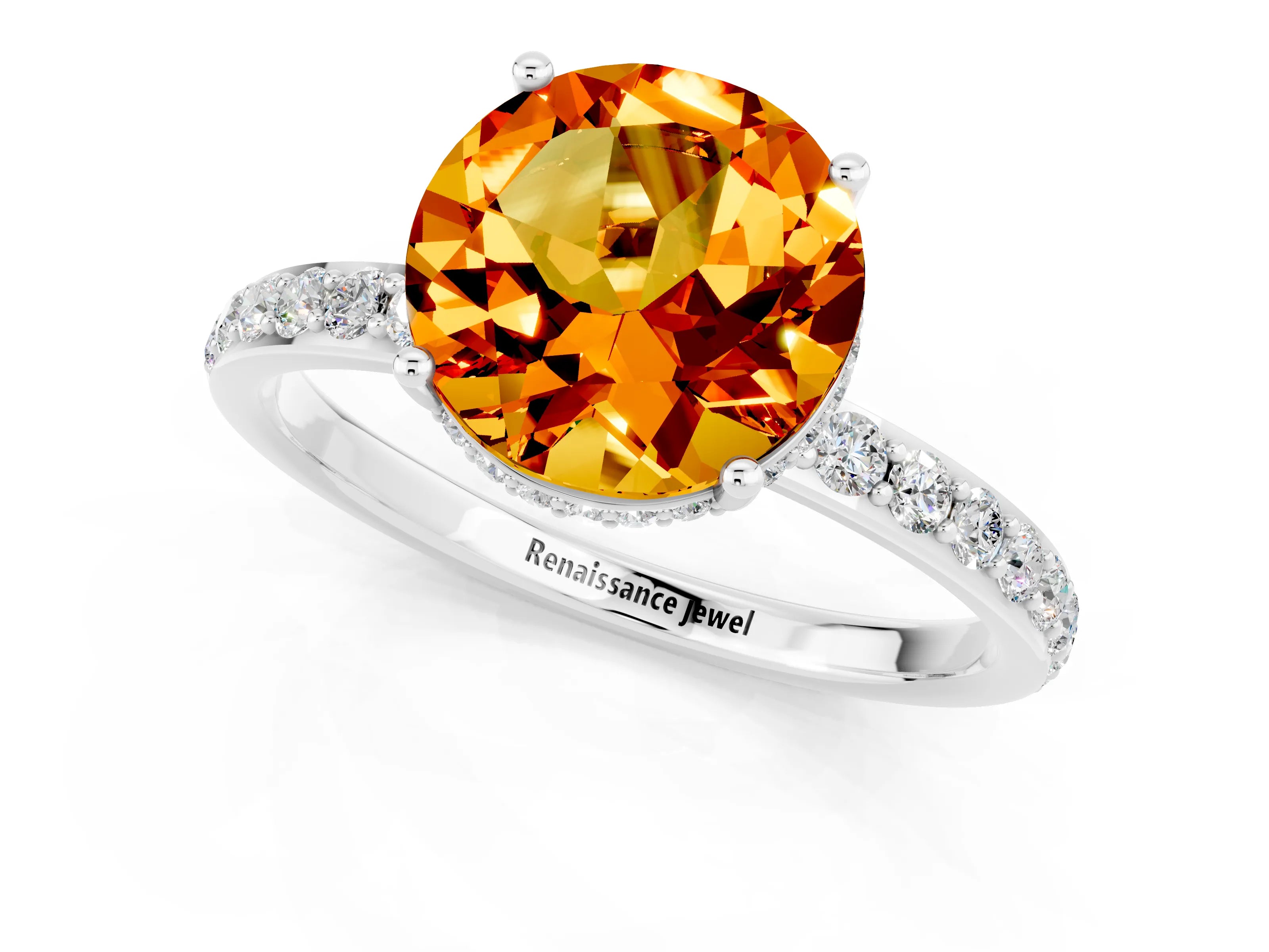 White gold Round Cut Citrine Solitaire Ring with Pavé Band and Hidden Halo_1