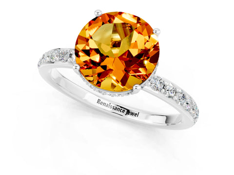 White gold Round Cut Citrine Solitaire Ring with Pavé Band and Hidden Halo_25