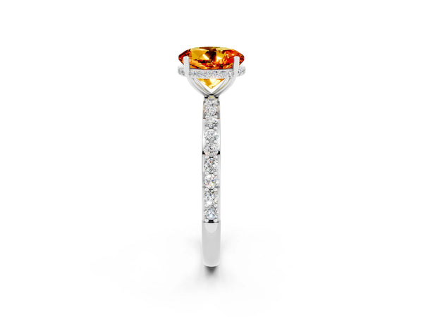 Silver Round Cut Citrine Solitaire Ring with Pavé Band and Hidden Halo