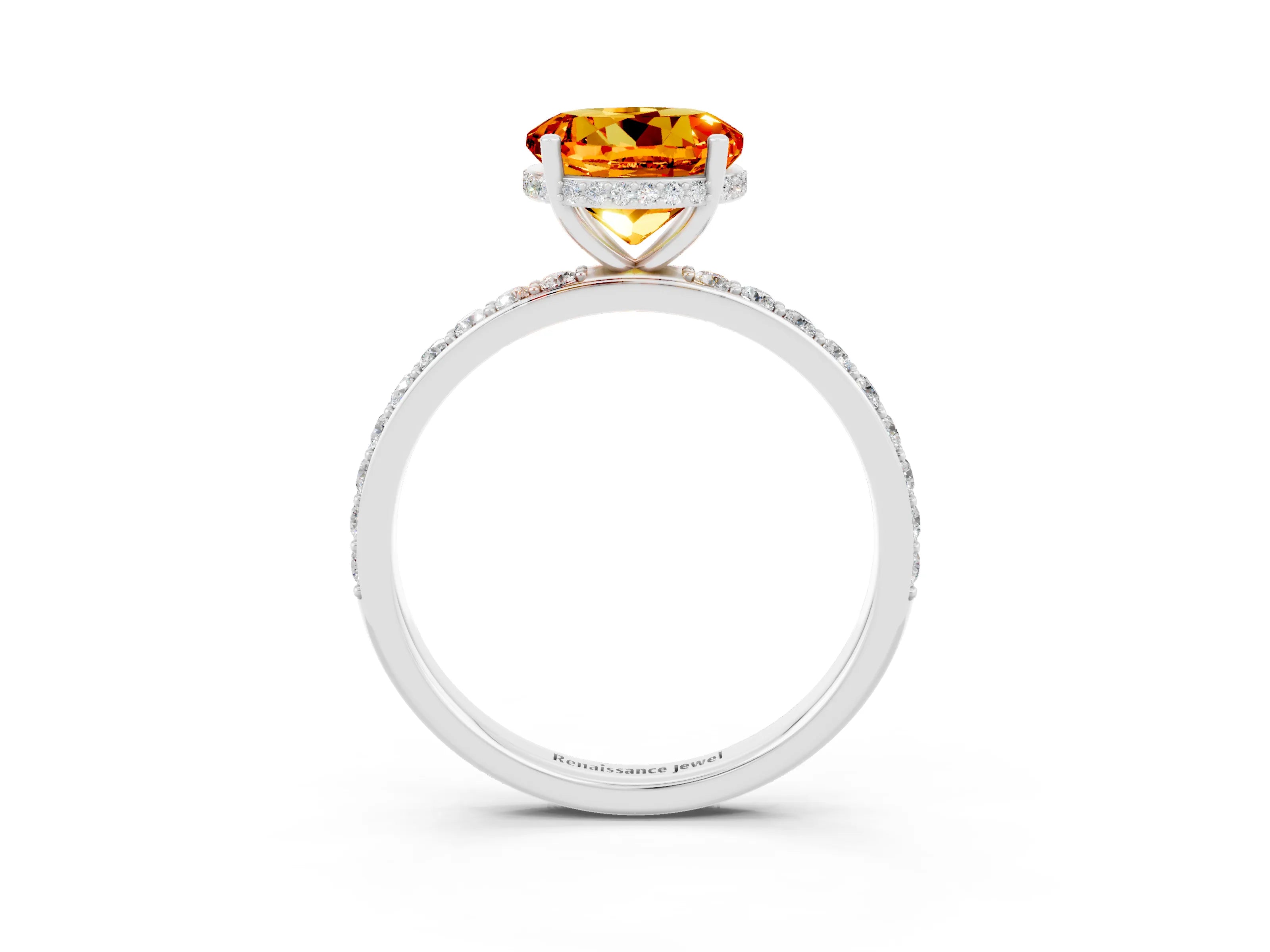 White gold Round Cut Citrine Solitaire Ring with Pavé Band and Hidden Halo_3