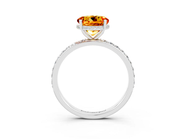 Silver Round Cut Citrine Solitaire Ring with Pavé Band and Hidden Halo