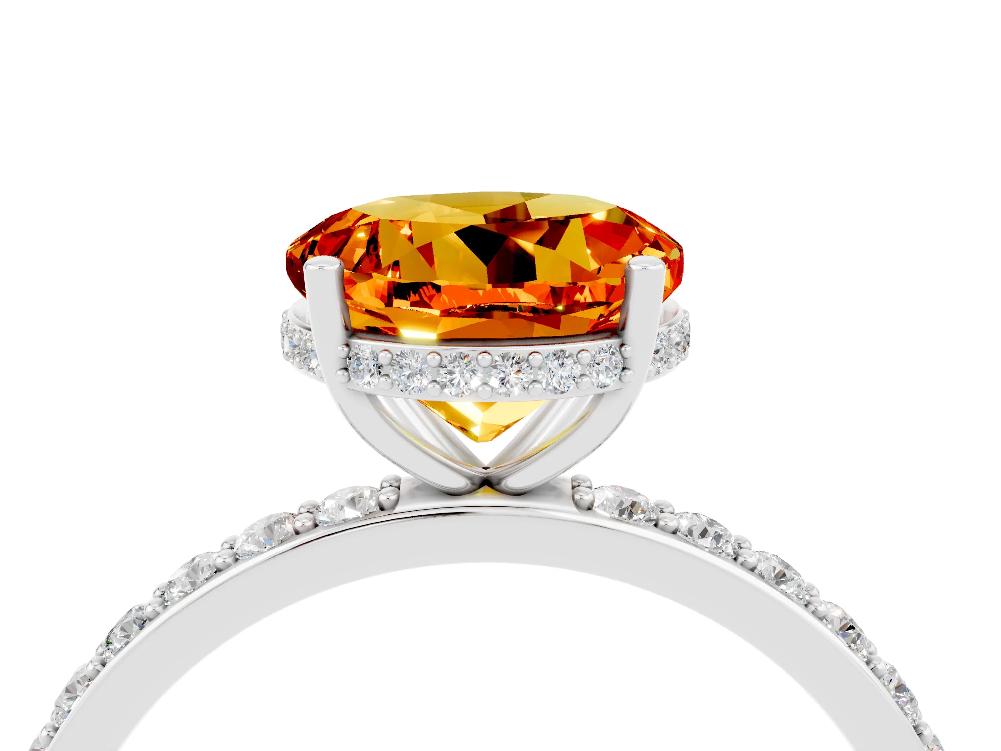 White gold Round Cut Citrine Solitaire Ring with Pavé Band and Hidden Halo_4