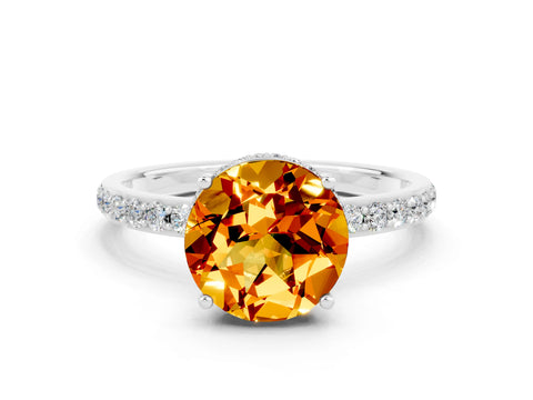White gold Round Cut Citrine Solitaire Ring with Pavé Band and Hidden Halo