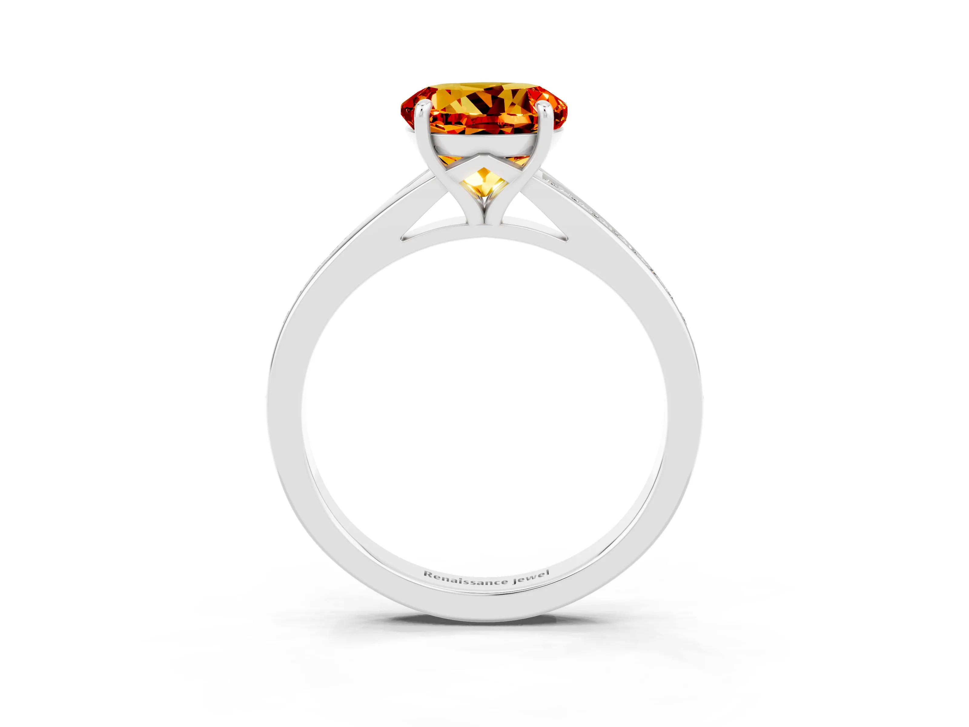 White gold Round Cut Citrine Solitaire Ring with Pavé Band and Prong Setting_15