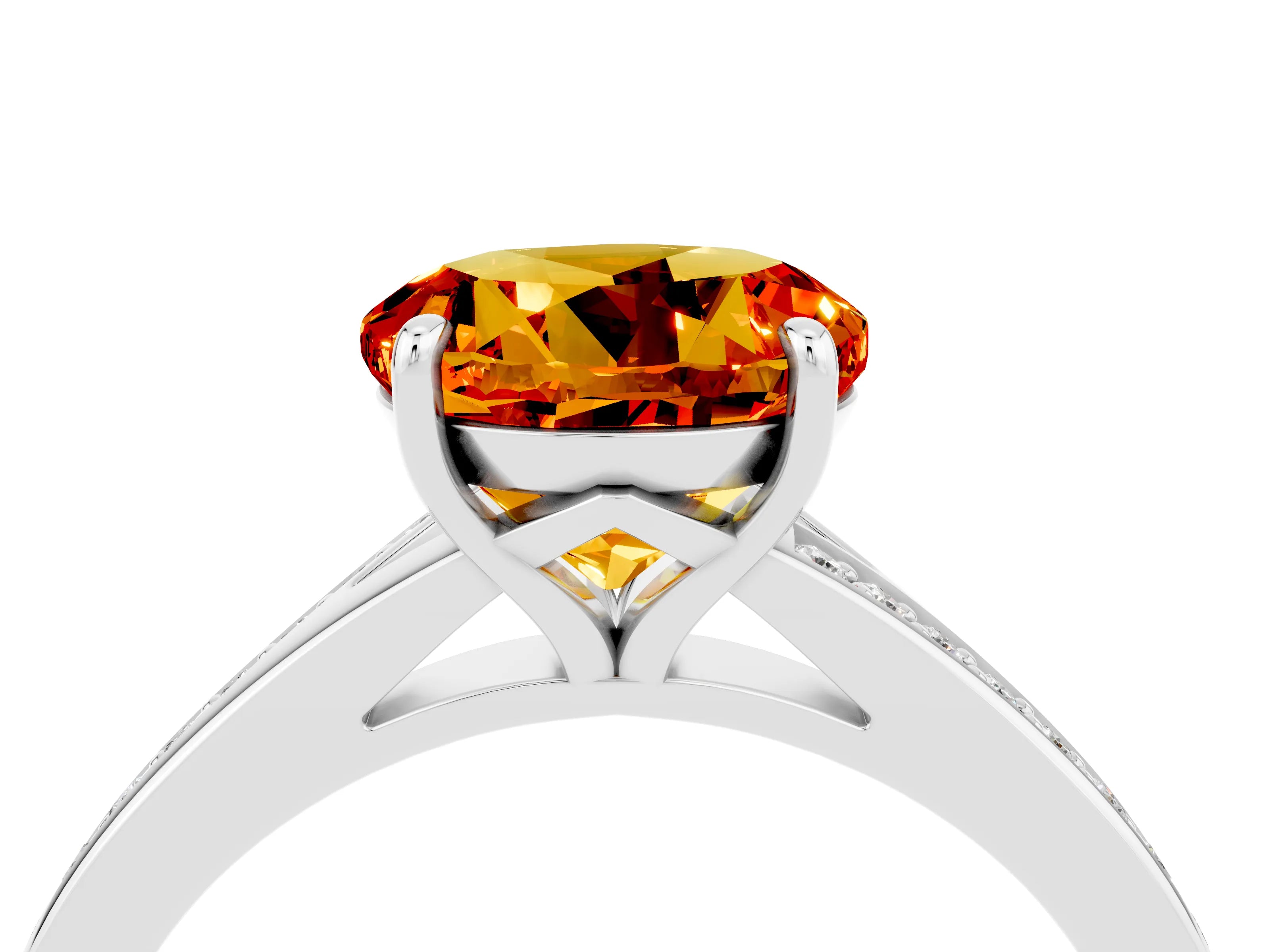 White gold Round Cut Citrine Solitaire Ring with Pavé Band and Prong Setting_16