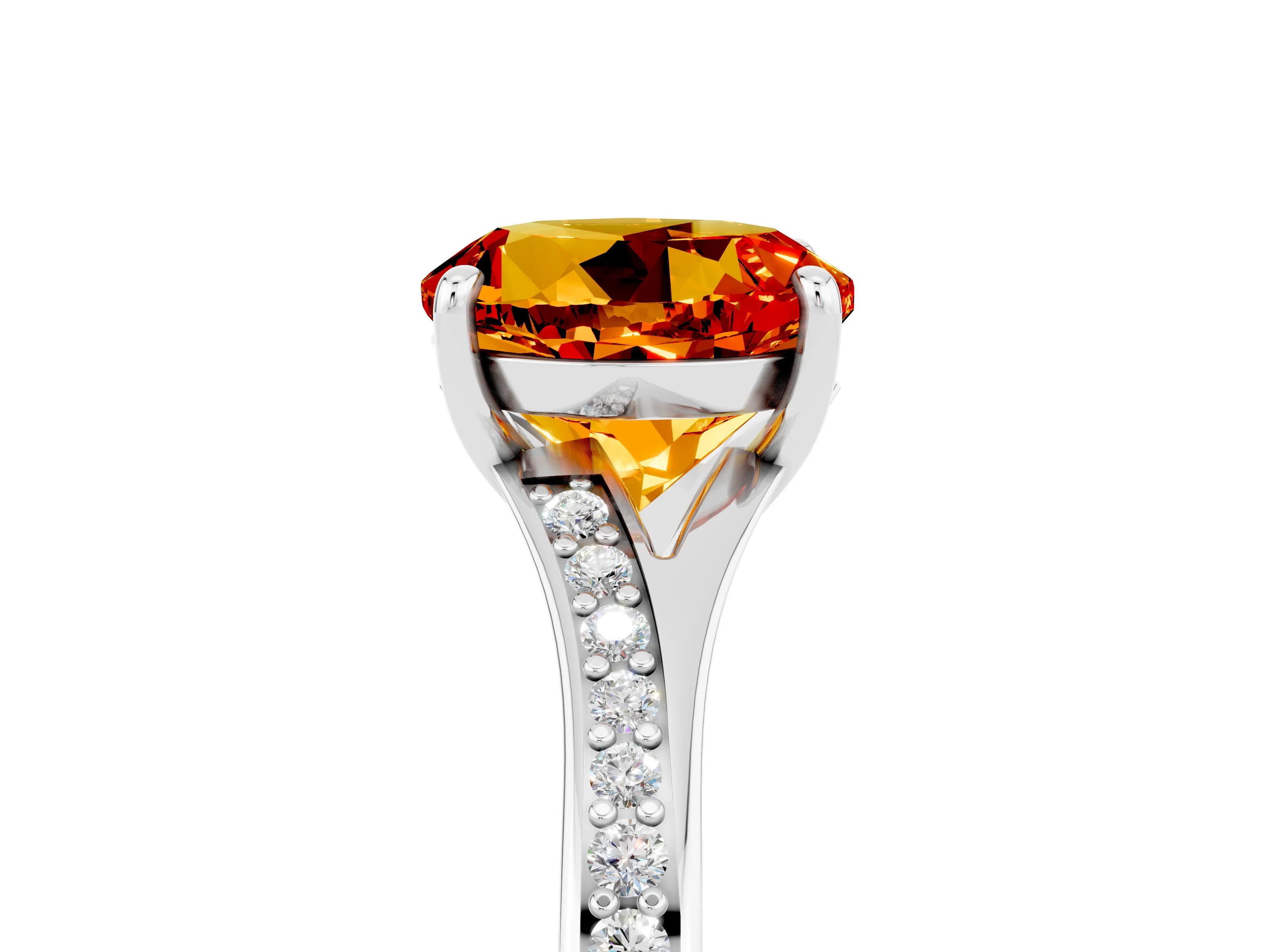 White gold Round Cut Citrine Solitaire Ring with Pavé Band and Prong Setting_17