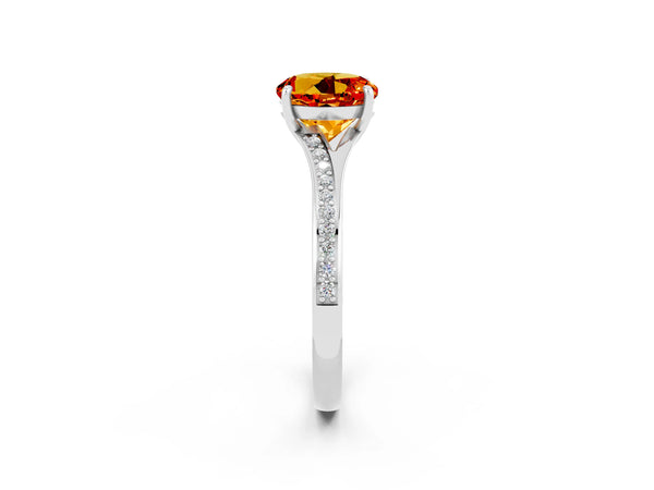 Platinum Round Cut Citrine Solitaire Ring with Pavé Band and Prong Setting