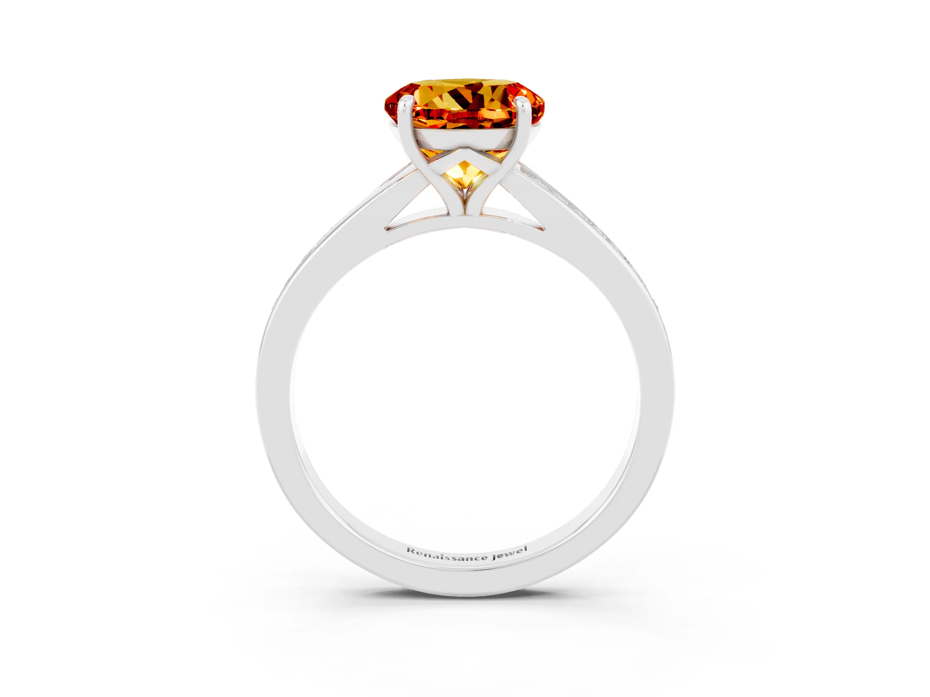 White gold Round Cut Citrine Solitaire Ring with Pavé Band and Prong Setting_3