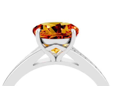 White gold Round Cut Citrine Solitaire Ring with Pavé Band and Prong Setting_4