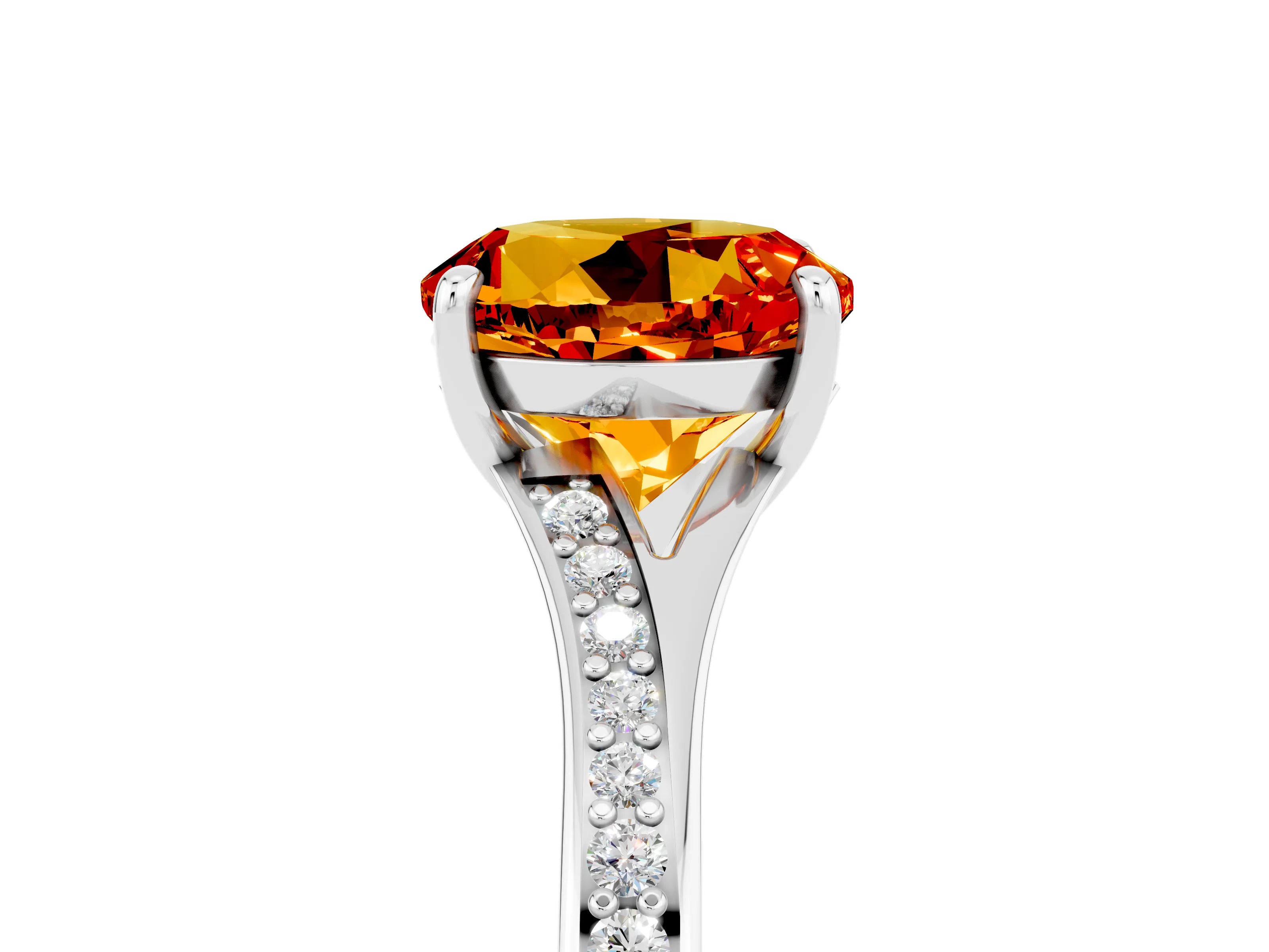 White gold Round Cut Citrine Solitaire Ring with Pavé Band and Prong Setting_5
