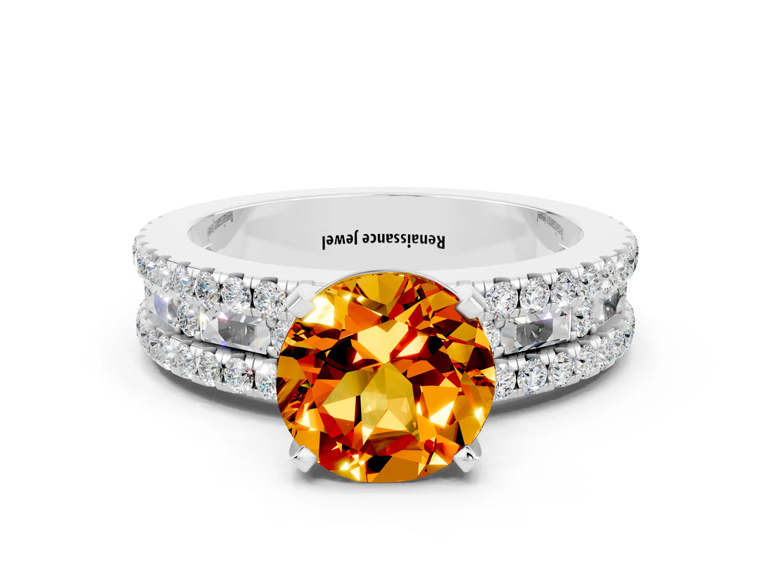 White gold Round Cut Citrine Solitaire Ring with Pavé and Channel Set Band