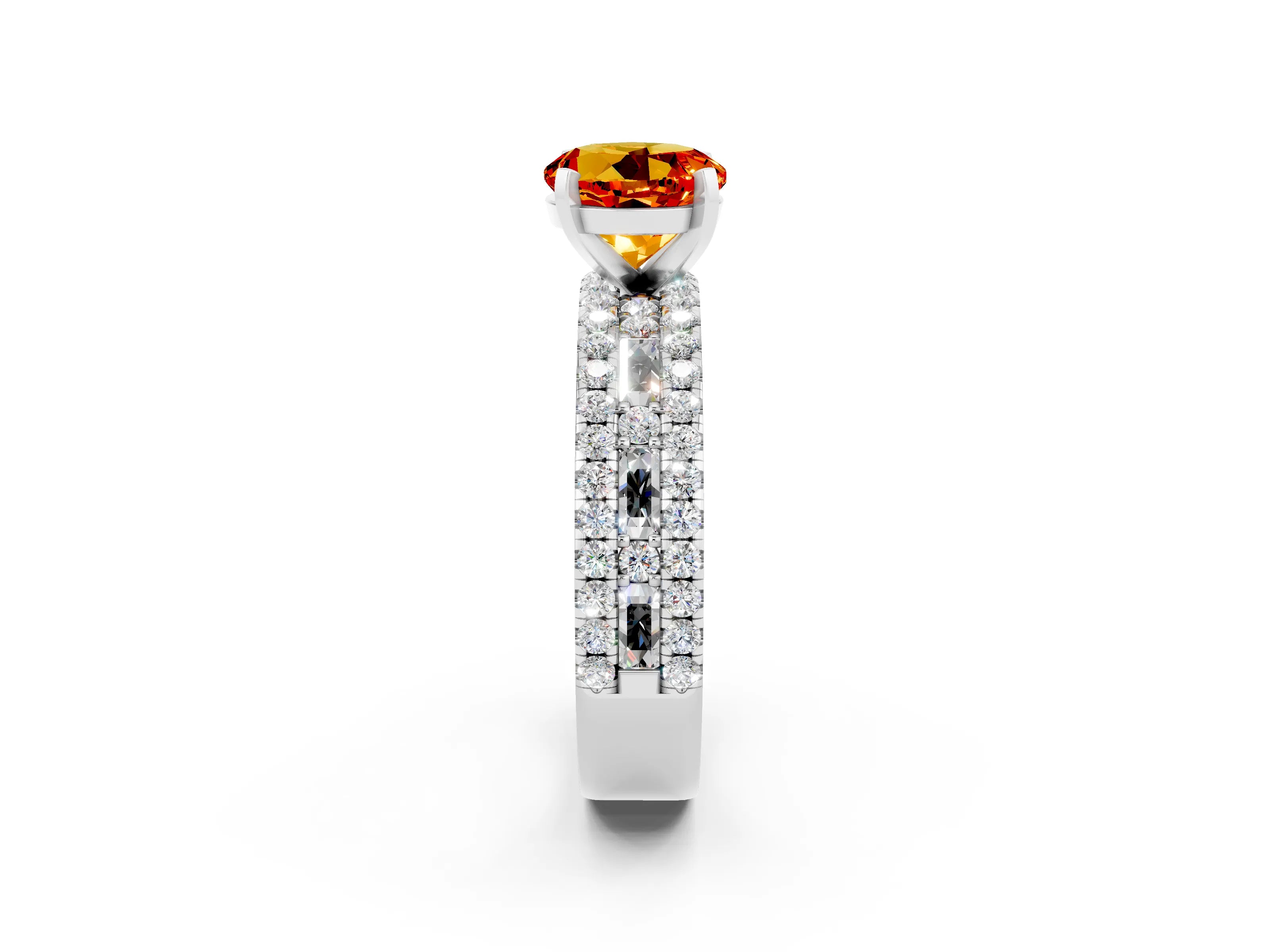White gold Round Cut Citrine Solitaire Ring with Pavé and Channel Set Band_2