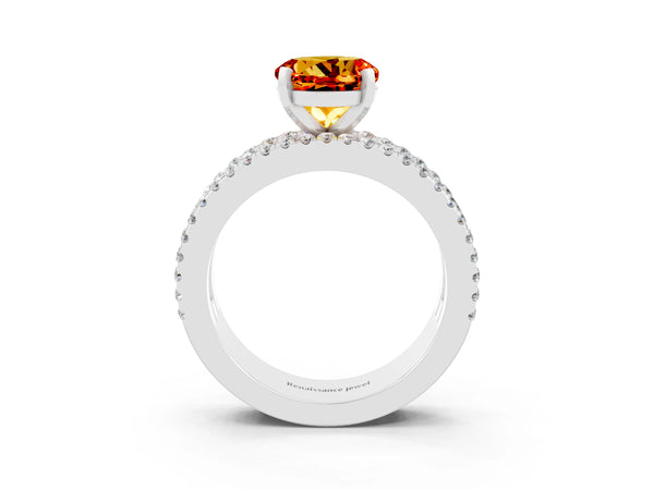 Platinum Round Cut Citrine Solitaire Ring with Pavé and Channel Set Band