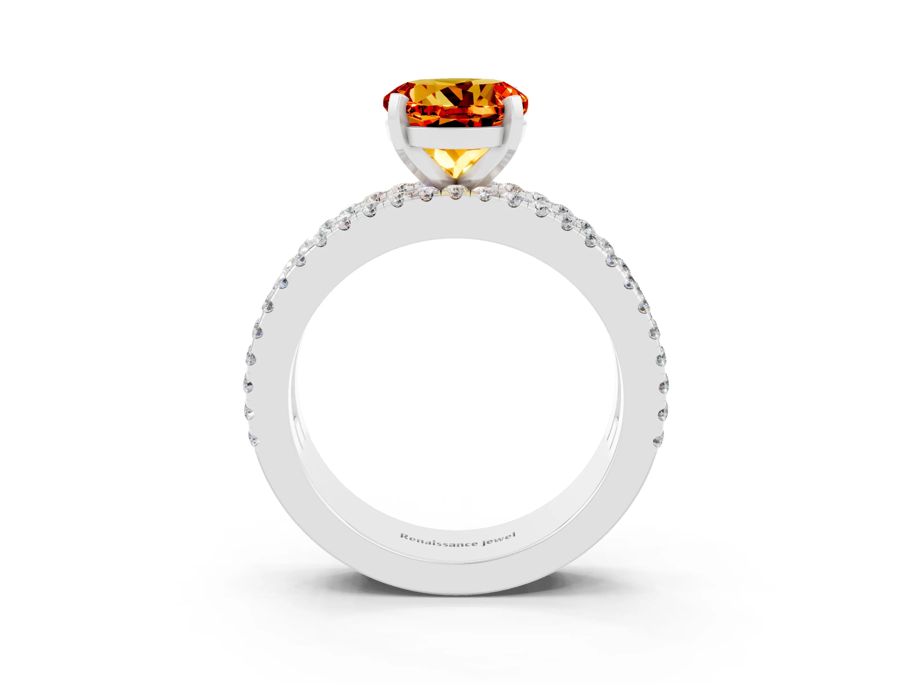 White gold Round Cut Citrine Solitaire Ring with Pavé and Channel Set Band_3