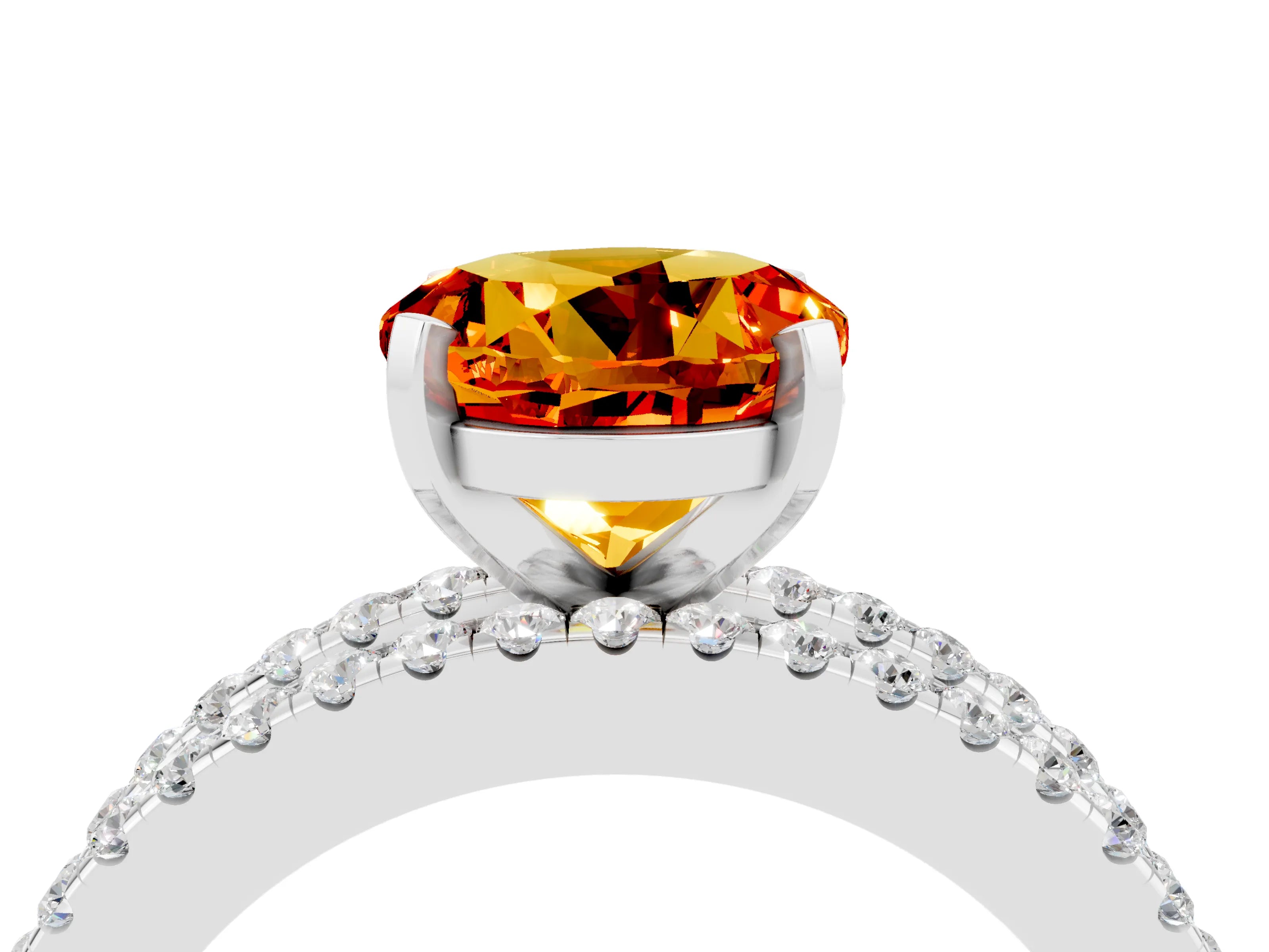 White gold Round Cut Citrine Solitaire Ring with Pavé and Channel Set Band_4