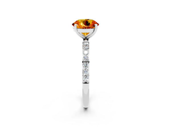 White gold Round Cut Citrine Solitaire Ring with Round  Pavé Band and Prong Setting