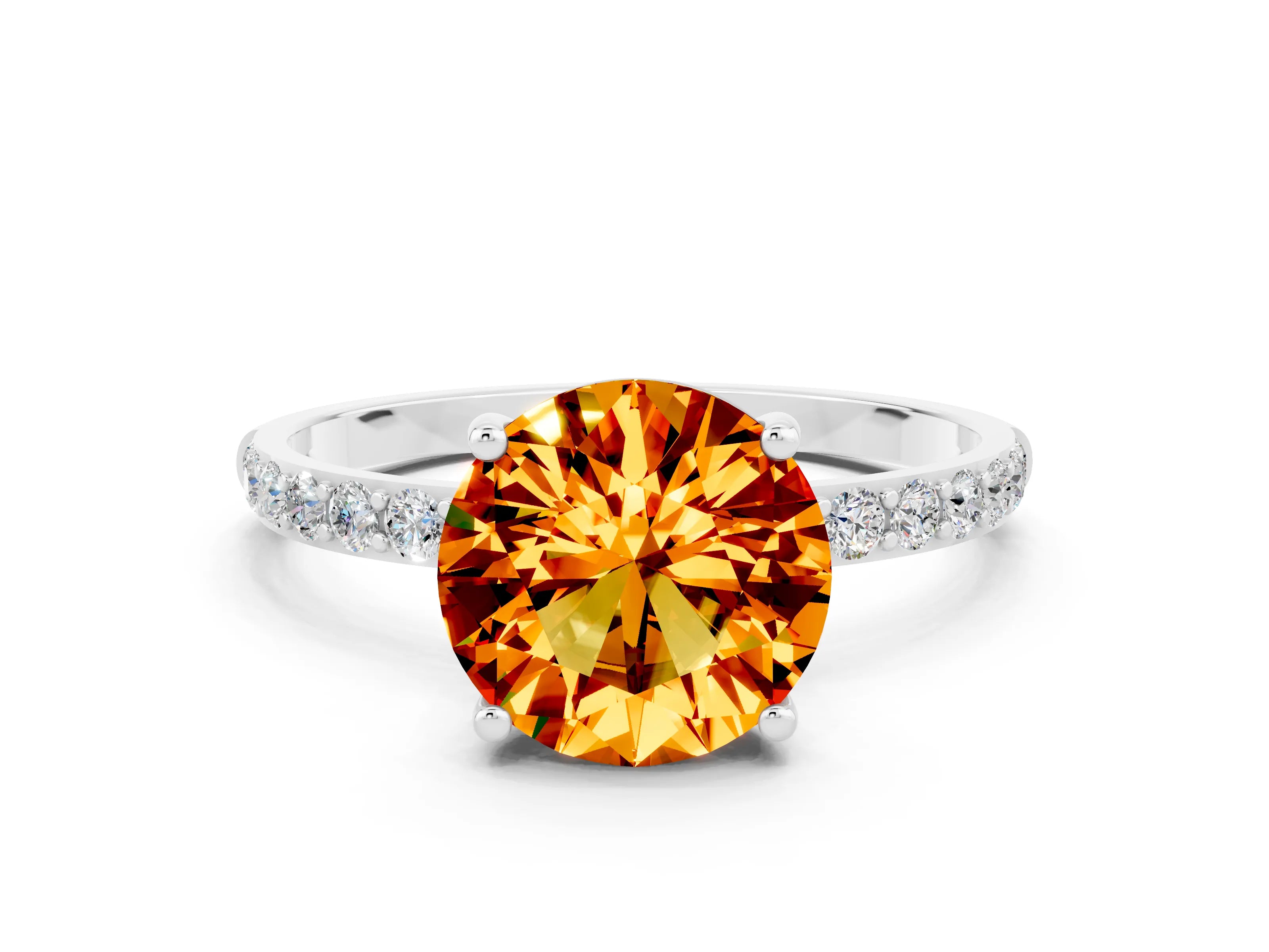 White gold Round Cut Citrine Solitaire Ring with Pave Band and Four Prong Setting_48