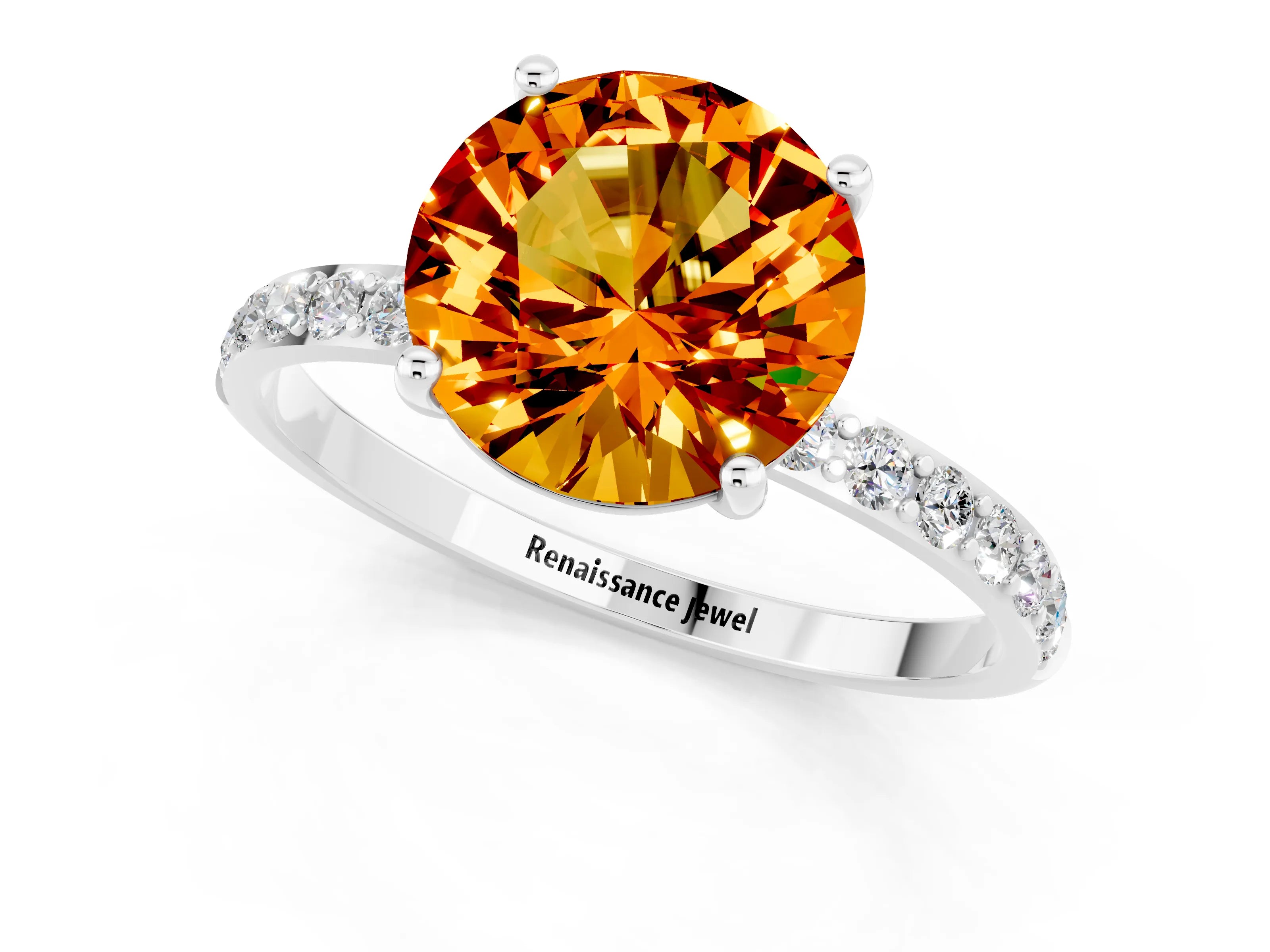 White gold Round Cut Citrine Solitaire Ring with Pave Band and Four Prong Setting_49