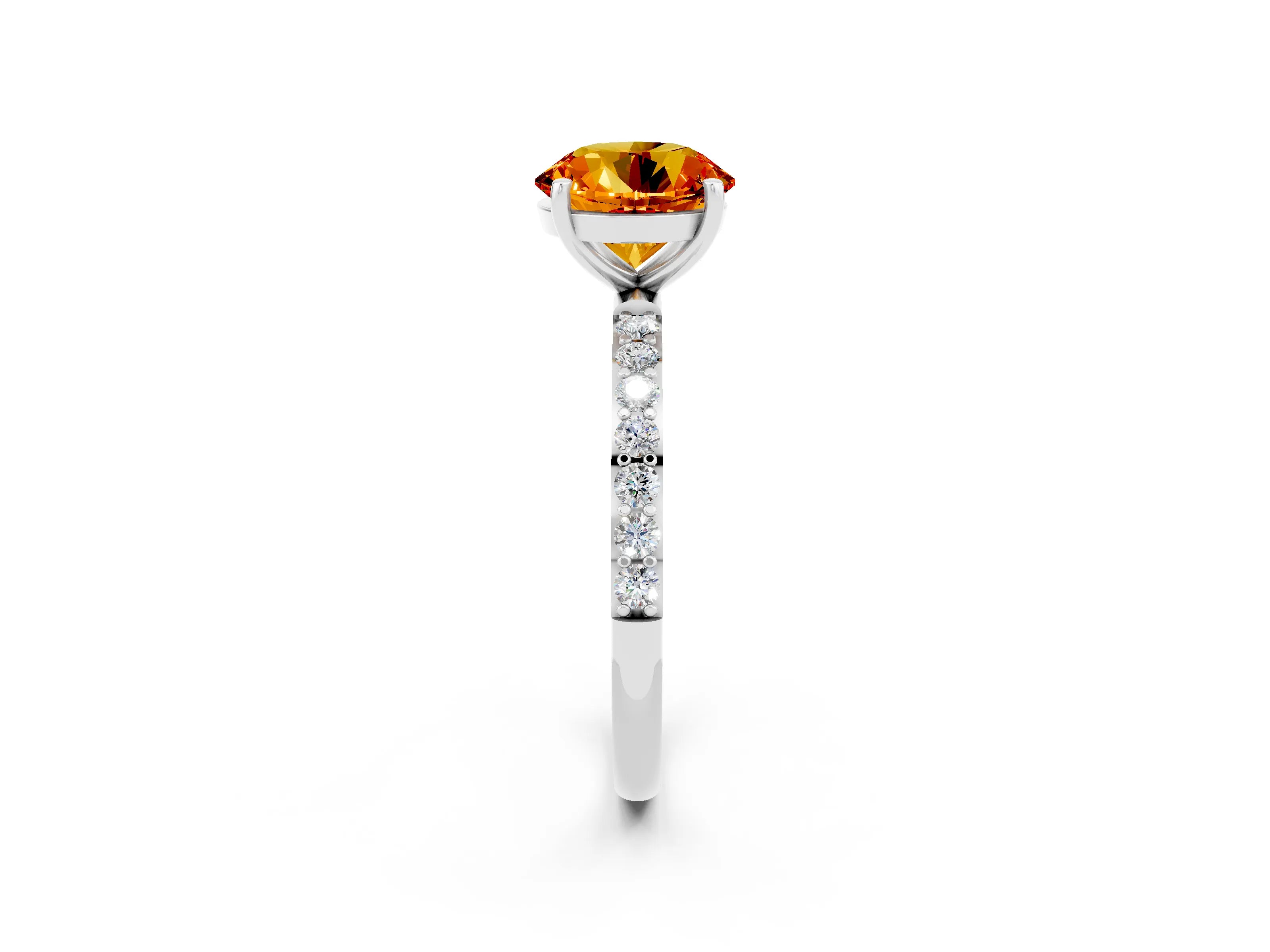 White gold Round Cut Citrine Solitaire Ring with Pave Band and Four Prong Setting_50