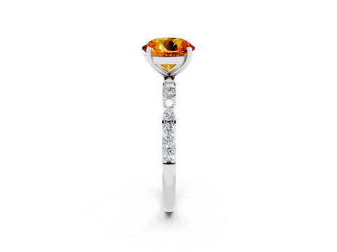 White gold Round Cut Citrine Solitaire Ring with Pave Band and Four Prong Setting_50