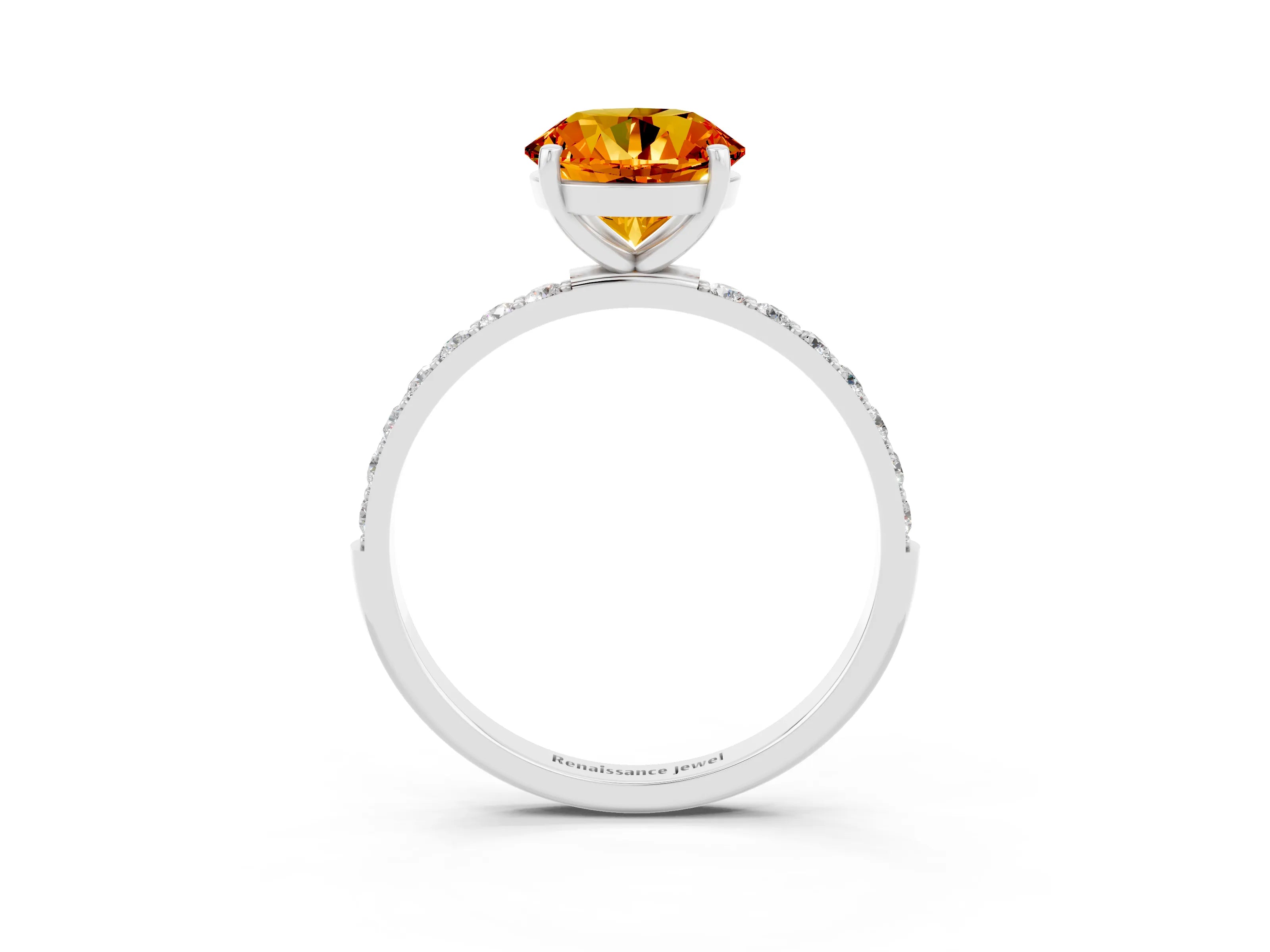 White gold Round Cut Citrine Solitaire Ring with Pave Band and Four Prong Setting_51