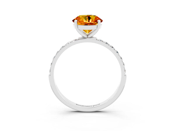 Silver Round Cut Citrine Solitaire Ring with Round  Pavé Band and Prong Setting