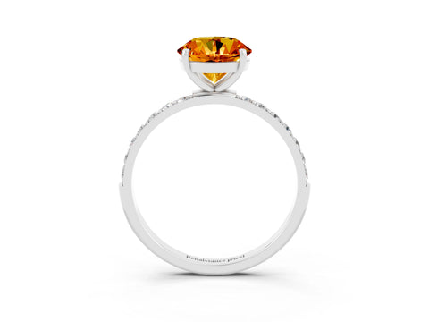 White gold Round Cut Citrine Solitaire Ring with Pave Band and Four Prong Setting_51