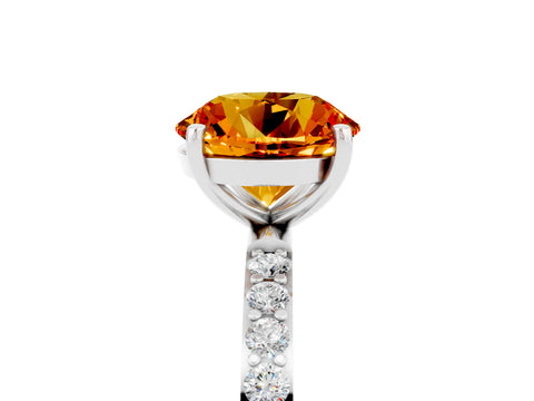 White gold Round Cut Citrine Solitaire Ring with Pave Band and Four Prong Setting_53