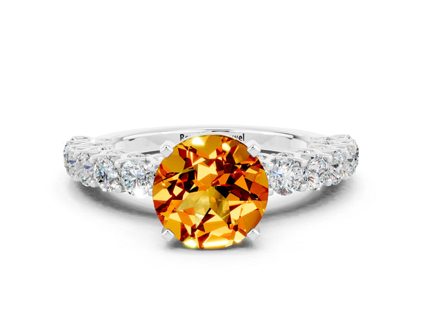 Platinum Round Cut Citrine Solitaire Ring with Shared Prong Pavé Band and Four-Prong Setting