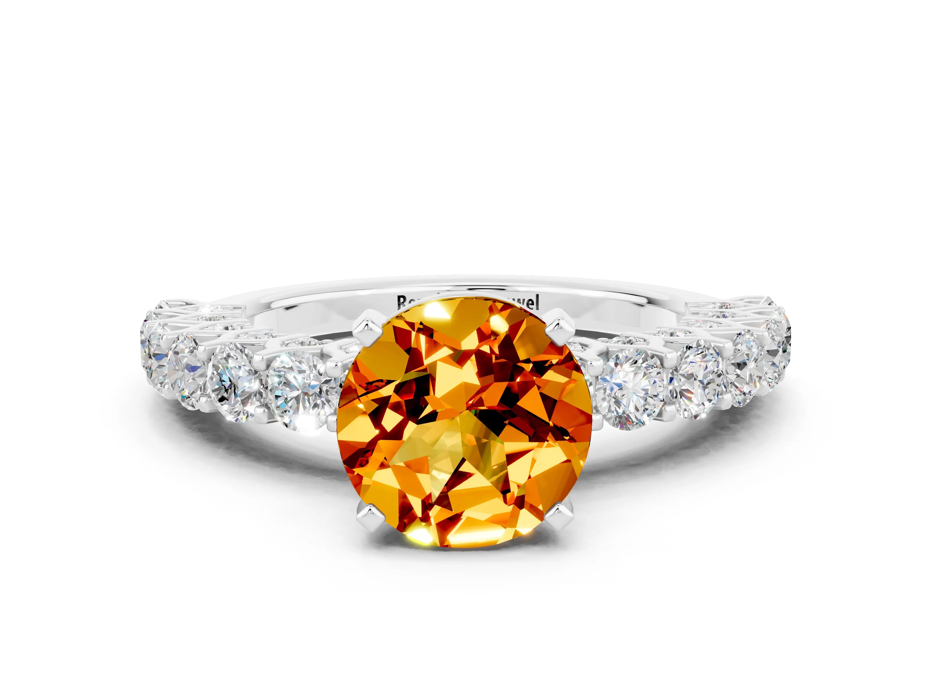 White gold Round Cut Citrine Solitaire Ring with Shared Prong Pavé Band and Four-Prong Setting