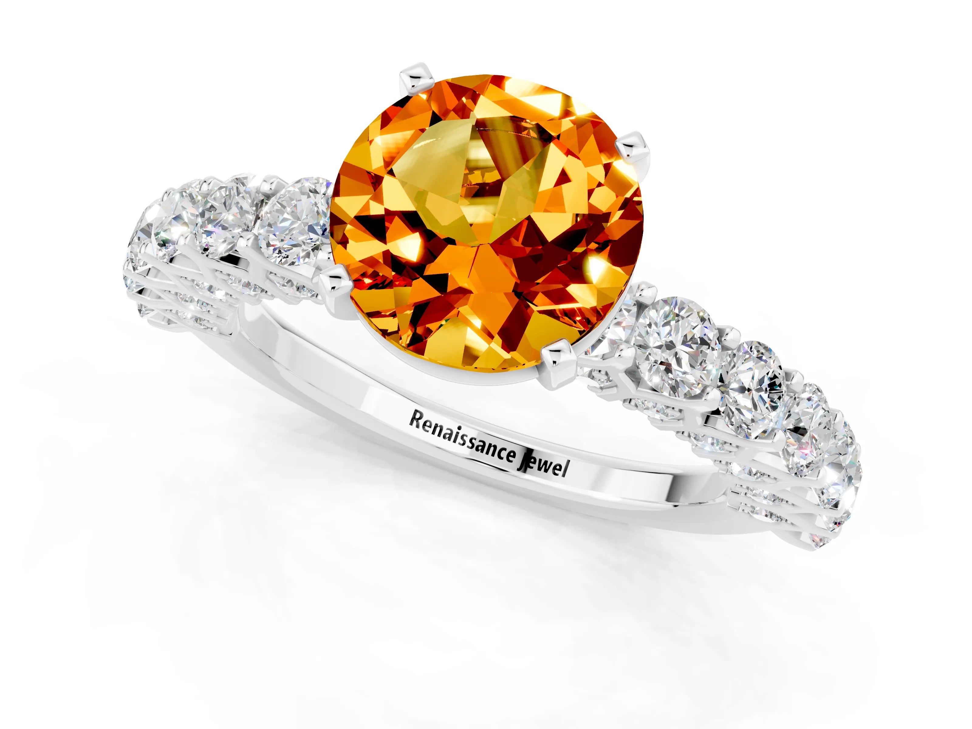 White gold Round Cut Citrine Solitaire Ring with Shared Prong Pavé Band and Four-Prong Setting_1