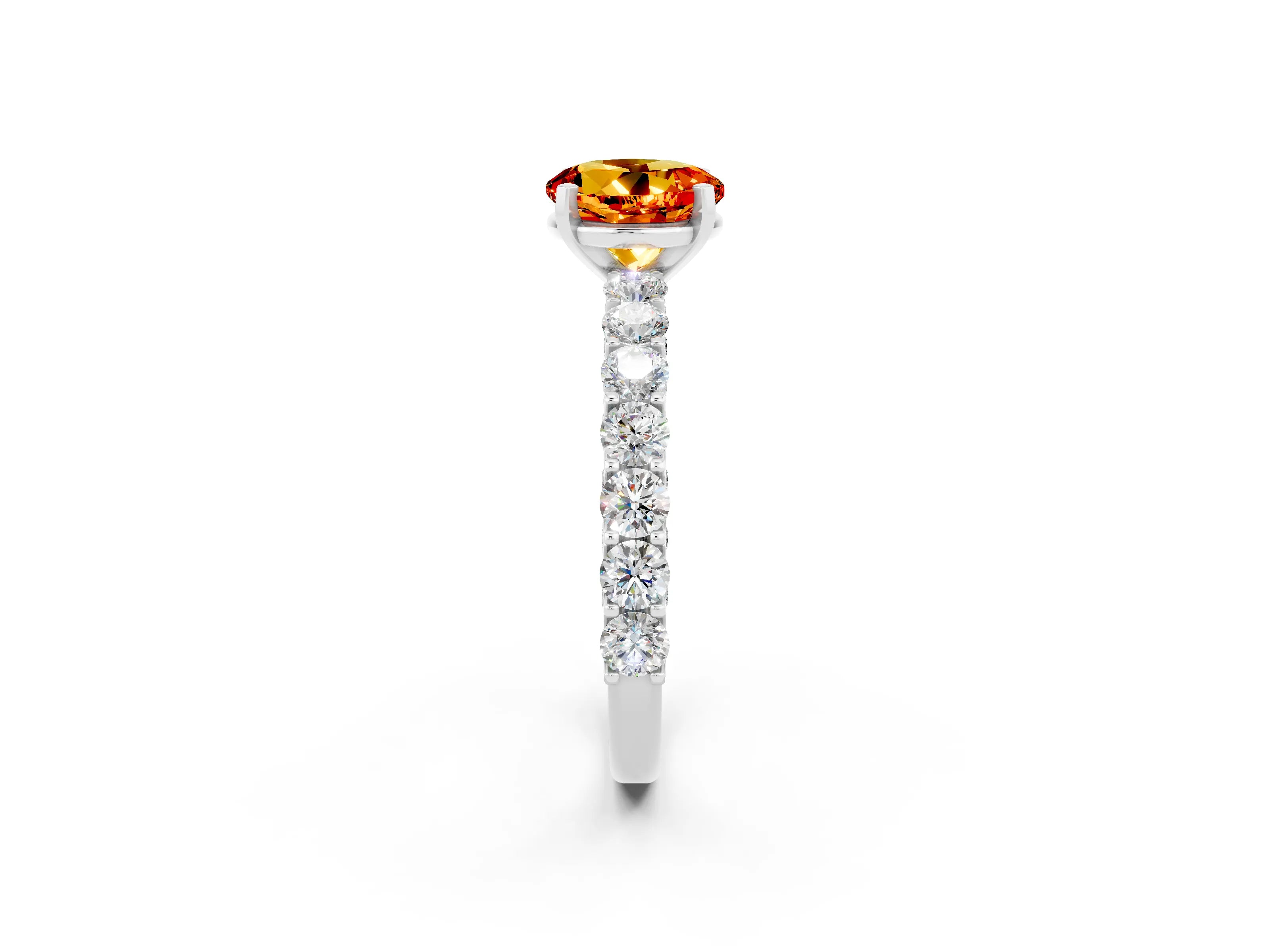 White gold Round Cut Citrine Solitaire Ring with Shared Prong Pavé Band and Four-Prong Setting_2